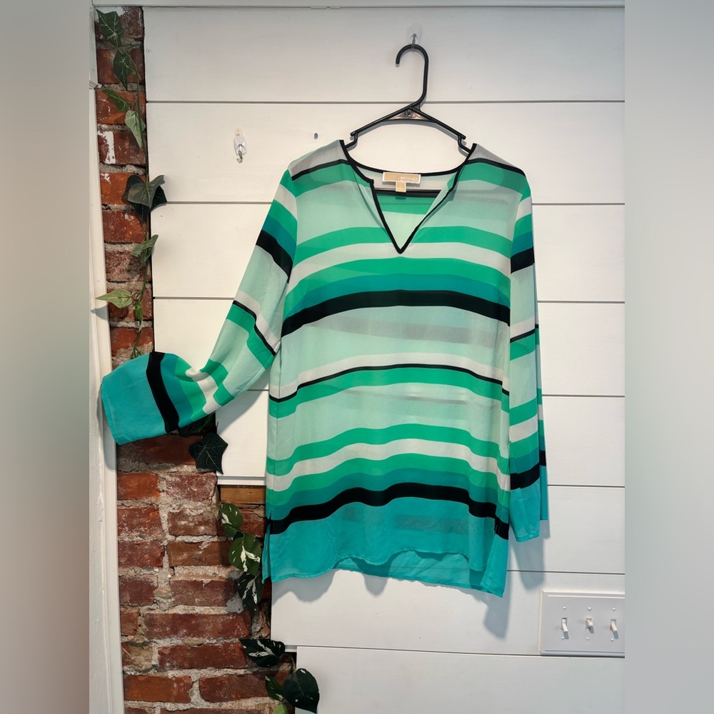 Size Large, Turquoise Split-Neck Striped Sheer Blouse by MICHAEL Michael Kors